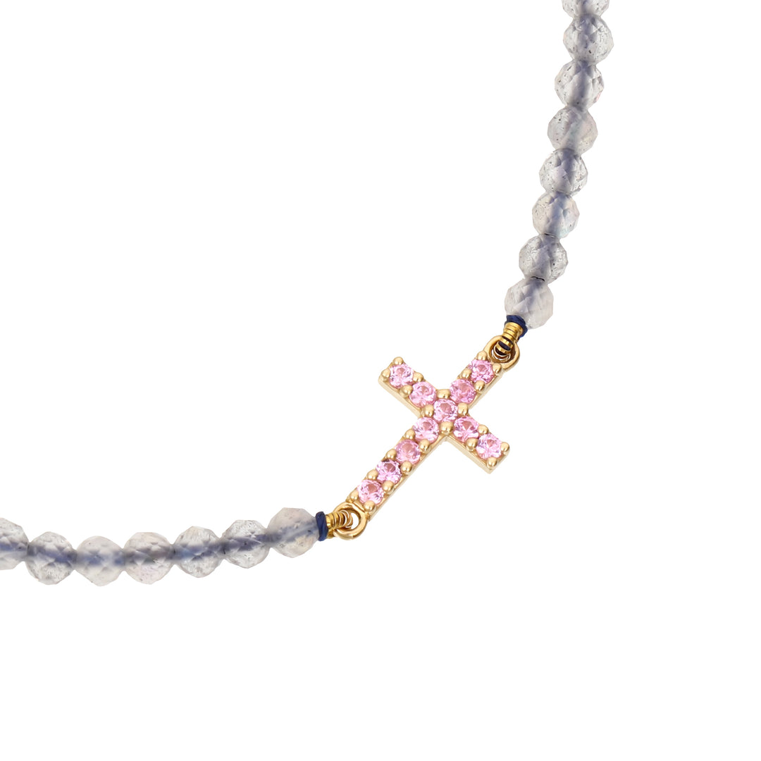 Grey Labradorite Beads pink cross Bracelet